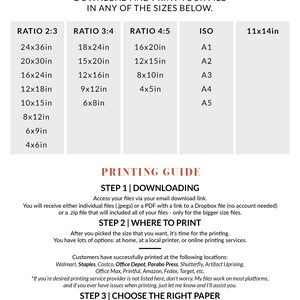 May include: A printable art guide with instructions on how to download and print your digital art file in various sizes, including 61x91 cm, 46x61 cm, 41x51 cm, and ISO sizes. The guide also includes a list of recommended printing services.