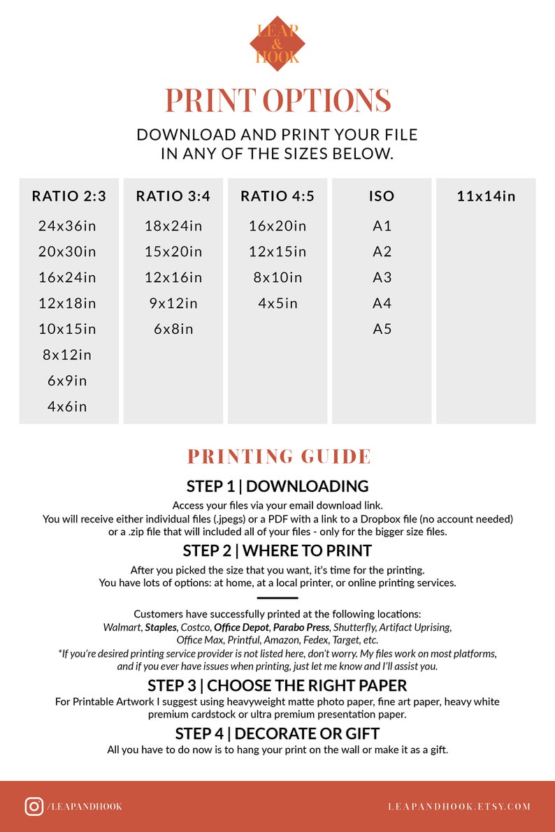 May include: A printable art guide with instructions on how to download and print your digital art file in various sizes, including 61x91 cm, 46x61 cm, 41x51 cm, and ISO sizes. The guide also includes a list of recommended printing services.