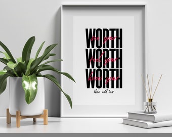 Conozca su valor y luego agregue impuestos, presupuesto motivacional, arte de pared imprimible, decoración de oficina, presupuesto inspirador