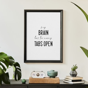 Funny Office Decor, My Brain Has Too Many Tabs Open, Funny Wall Art, Minimalist Wall Art, Office Decor, Printable Wall Art, Cubicle Decor