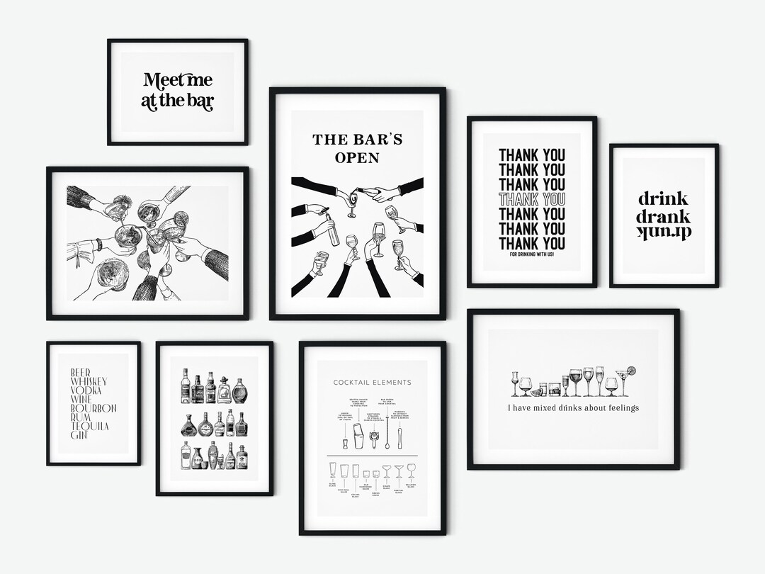 Bar Cart Prints, Bar Cart Art Gallery Wall Set of 9 Printables, Bar