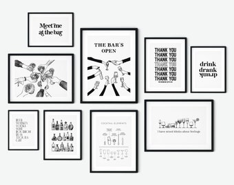 Bar Cart Prints, Bar Cart Art Gallery Wall Set of 9 Printables, Bar Cart Accessories, Bar Cart Decor, Trendy Wall Art, Printable Wall Art