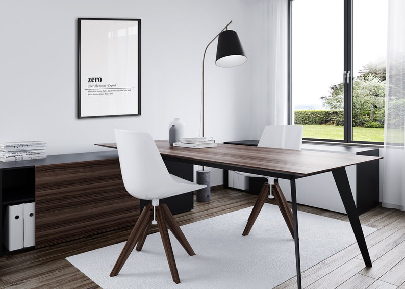 May include: Modern office space featuring a large wooden desk with black metal legs, two white chairs with wooden legs, and a black framed print on the wall that reads "zero". A black floor lamp and a window with a view complete the scene.