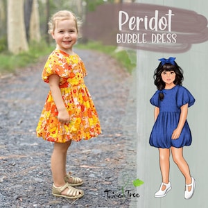 May include: A young girl wearing a floral print bubble dress with short sleeves and gold sandals. The image also features an illustration of a blue bubble dress and the text "Peridot Bubble Dress".