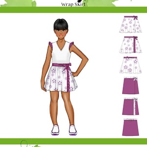 May include: A digital sewing pattern for a wrap skirt called "Kalypto" by Twine Tree Pattern Collection. The pattern includes 13 sizes and comes in A4/Letter, Projector, and AO file formats. The pattern includes options for a full skirt or straight skirt, and an optional front ruffle.