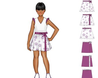 May include: A digital sewing pattern for a wrap skirt called "Kalypto" by Twine Tree Pattern Collection. The pattern includes 13 sizes and comes in A4/Letter, Projector, and AO file formats. The pattern includes options for a full skirt or straight skirt, and an optional front ruffle.