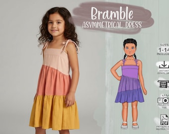 Girls Dress PDF Sewing Pattern - Size 1-14 - 2 Lengths - Asymmetrical Tiers