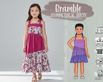Girls Dress PDF Sewing Pattern - Size 1-14 - 2 Lengths - Asymmetrical Tiers