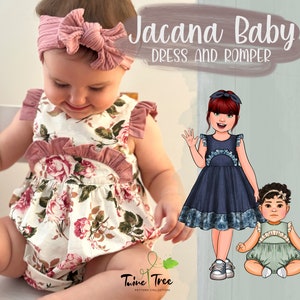 May include: Jacana Baby Dress and Romper sewing pattern for sizes NB-3. The pattern includes instant download, copy shop file, projector file, and PDF pattern and instructions. The image shows a baby wearing a floral romper and two dolls wearing dresses.