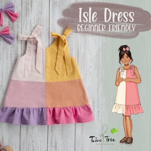 Peut inclure: Un patron de couture numérique pour une robe Isle, avec un design en blocs de couleurs rose, jaune et violet. Le patron comprend les tailles 1 à 14 et est facile à réaliser pour les débutants. L'image montre également une illustration numérique d'une fille portant la robe.