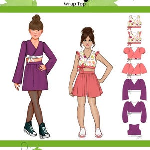 Peut inclure: Illustration numérique d'une fille portant un haut croisé à imprimé floral et une jupe assortie. L'illustration montre différentes options de manches pour le haut, y compris des manches longues, des manches courtes et des manches bouffantes. Le texte "Eucalyptus TT1005" est en bas de l'image.