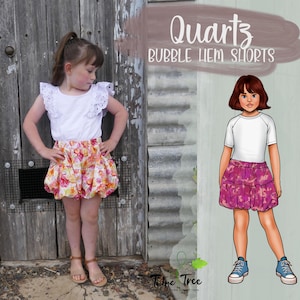 May include: A digital illustration of a girl wearing a white shirt and floral bubble hem shorts. The illustration is used to promote a sewing pattern for bubble hem shorts called "Quartz" in sizes 1-14. The pattern includes instructions and is available for instant download.