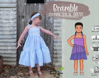 Girls Dress PDF Sewing Pattern - Size 1-14 - 2 Lengths - Asymmetrical Tiers
