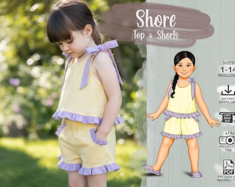 Kids Ruffle Top and Shorts Size 1 - 14 PDF Sewing Pattern