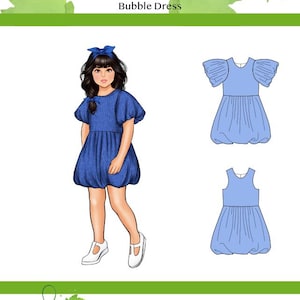 May include: A digital illustration of a girl wearing a blue bubble dress with puffed sleeves. The illustration is for a sewing pattern called "Peridot" and includes 10 sizes. The pattern is available in A4/Letter, Projector, and AO file formats.