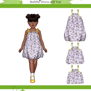 May include: An illustration of a child's bubble dress with a floral design and yellow straps. The image also shows the dress in three lengths. The text on the image reads "Opal Bubble Dress and Top". The pattern is for sizes 0-14.