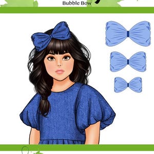 Könnte beinhalten: Eine digitale Illustration eines Mädchens, das ein blaues Jeanskleid mit einem blauen Blasen-Schleifen-Haarreif trägt. Das Bild enthält drei verschiedene Größen der Blasen-Schleife, die ebenfalls blau sind. Der Text "Amethyst TT4001" befindet sich am unteren Rand des Bildes.