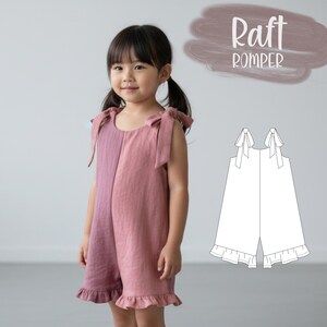 May include: A two-toned romper featuring a mauve and dusty rose color-blocked design with tie-shoulder straps and ruffled leg hems. The image includes text reading Raft ROMPER, SIZES 1-14 INCLUDED, INSTANT DOWNLOAD, COPY SHOP FILE, PROJECTOR FILE, and PDF.