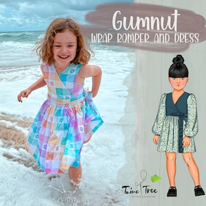 May include: A digital illustration of a girl wearing a blue and white checkered wrap dress with floral accents. The illustration is on a white background with the text "Gumnut Wrap Romper and Dress" in brown text. The text "Sizes 2-14 Included" is also included in the image.
