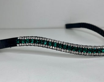 Smaragd Kristal 3 Rij Gebogen Diamanté Gevoerde Leren Paardenfrontriem
