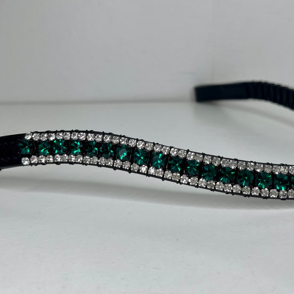 Emerald Crystal 3 Row Curved Diamanté Padded Leather Horse Browband