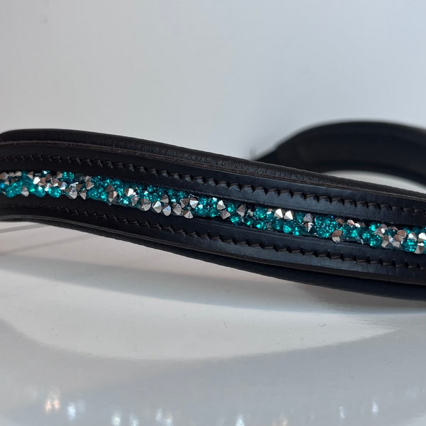 Peacock Green Blue Crushed Diamanté Crystals Curved Padded Leather Horse Browband