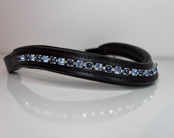 Light Blue Diamanté & Navy Blue Pearls Patterned Padded Curved Leather Horse Browband