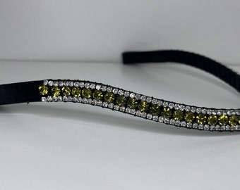 Olive Green 3 Row Curved Diamanté Crystals Padded Leather Horse Browband