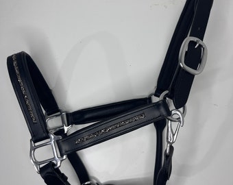 Grey Crushed Diamanté Crystal Leather Horse Cob Pony Padded Headcollar Halter