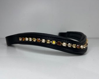 Smoky Golden Topaz Crystal & Pearl Smooth V Shaped Diamanté Crystals Padded Leather Horse Browband