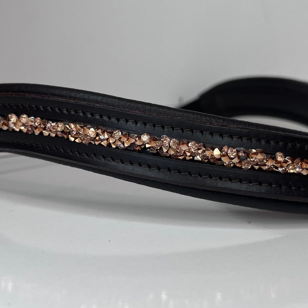 Rose Gold Crushed Diamanté Crystals Curved Padded Leather Horse Browband