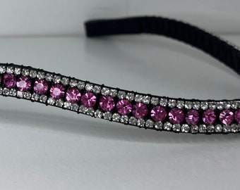 Watermelon Hot Pink 3 Row Curved Diamanté Crystals Padded Leather Horse Browband