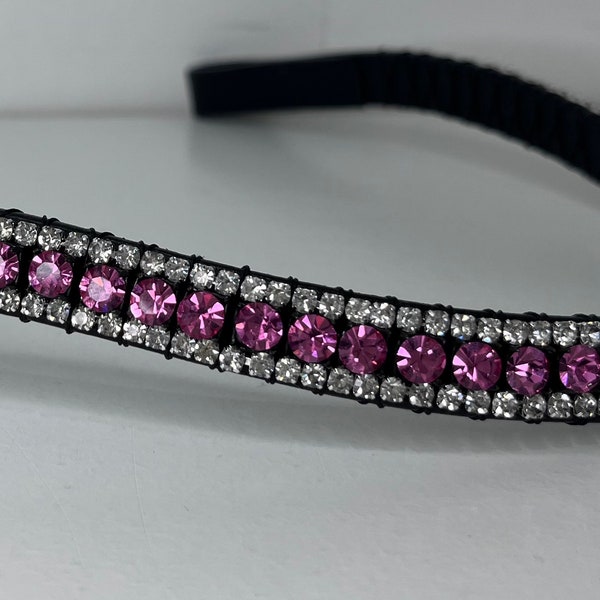 Watermelon Hot Pink 3 Row Curved Diamanté Crystals Padded Leather Horse Browband