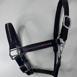 Watermelon Pink Diamanté Crystal Leather Horse Cob Pony Padded Headcollar Halter
