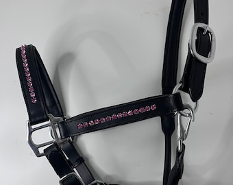 Watermelon Pink Diamanté Crystal Leather Horse Cob Pony Padded Headcollar Halter