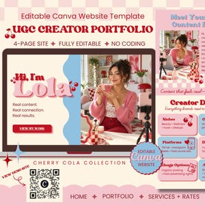 Può includere: Un modello di sito web Canva modificabile per un portfolio di creatore UGC intitolato Cherry Cola Collection. Il layout mostra lo schermo di un portatile con un sito web con il testo Hi, I'm Lola, e una barra laterale con dettagli e QR code.