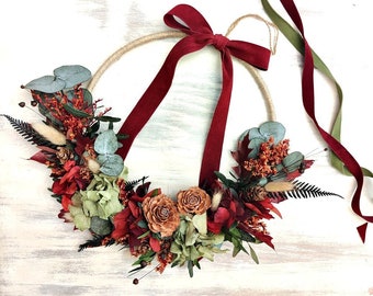 Winter Flower Wreath/  Dried Flowers Hoop for Wall/ Preserved Flowers Home Decor Wreath/ Cottage Door Wreath/ Preserved Flowers Wine & Green