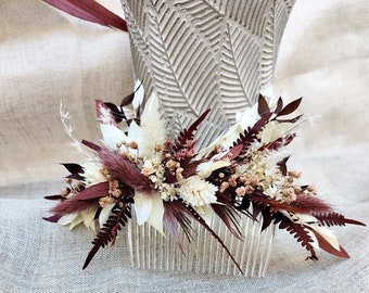 Boho Flower Hair Comb/ Brown & Mauve Dried Flower Hair Comb/ Bridal Boho Hairpiece/ White and Brown Headband/ Bohemian Wedding Hair Comb