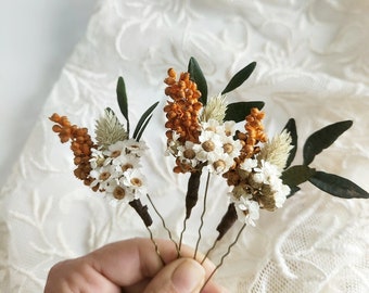 Gebrannte Orange Blumen-Haarnadeln / Terracota Braut-Accessoires / Rost-Gänseblümchen Blume Brauthaarnadeln / Boho Hochzeit Trockenblumen-Haarspangen.