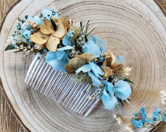 Peigne à cheveux de mariage en hortensia bleu / Peigne à cheveux de mariée en fleurs préservées / Postiche bleu et naturel pour mariage / Casque de mariée en vraie fleur.