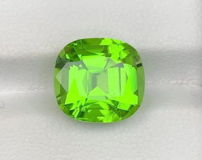 Lab Certified, Apple Green Color, Large, 6.09 Carat, Cushion Cut Peridot
