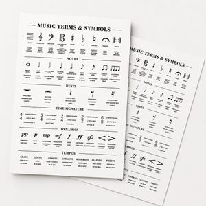 Two white posters with black musical terms and symbols are displayed, one in the foreground and one slightly blurred in the background.