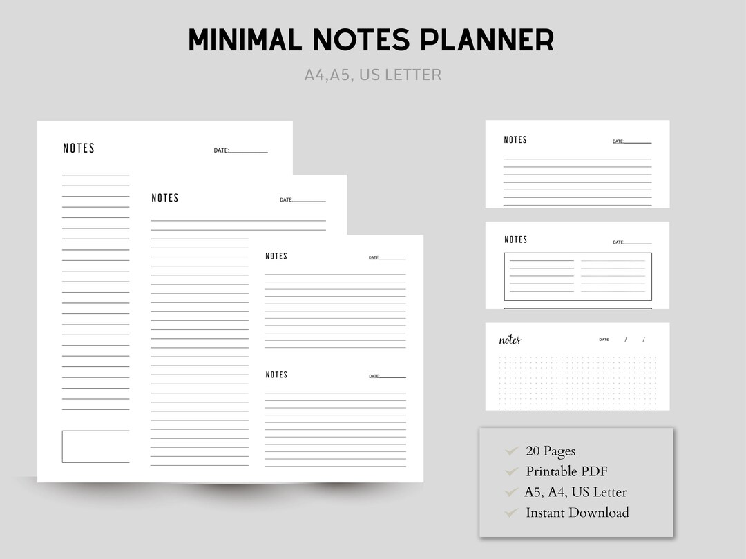 Minimal Notes Planner Printable PDF, A4 A5 US Letter, Digital Notebook ...