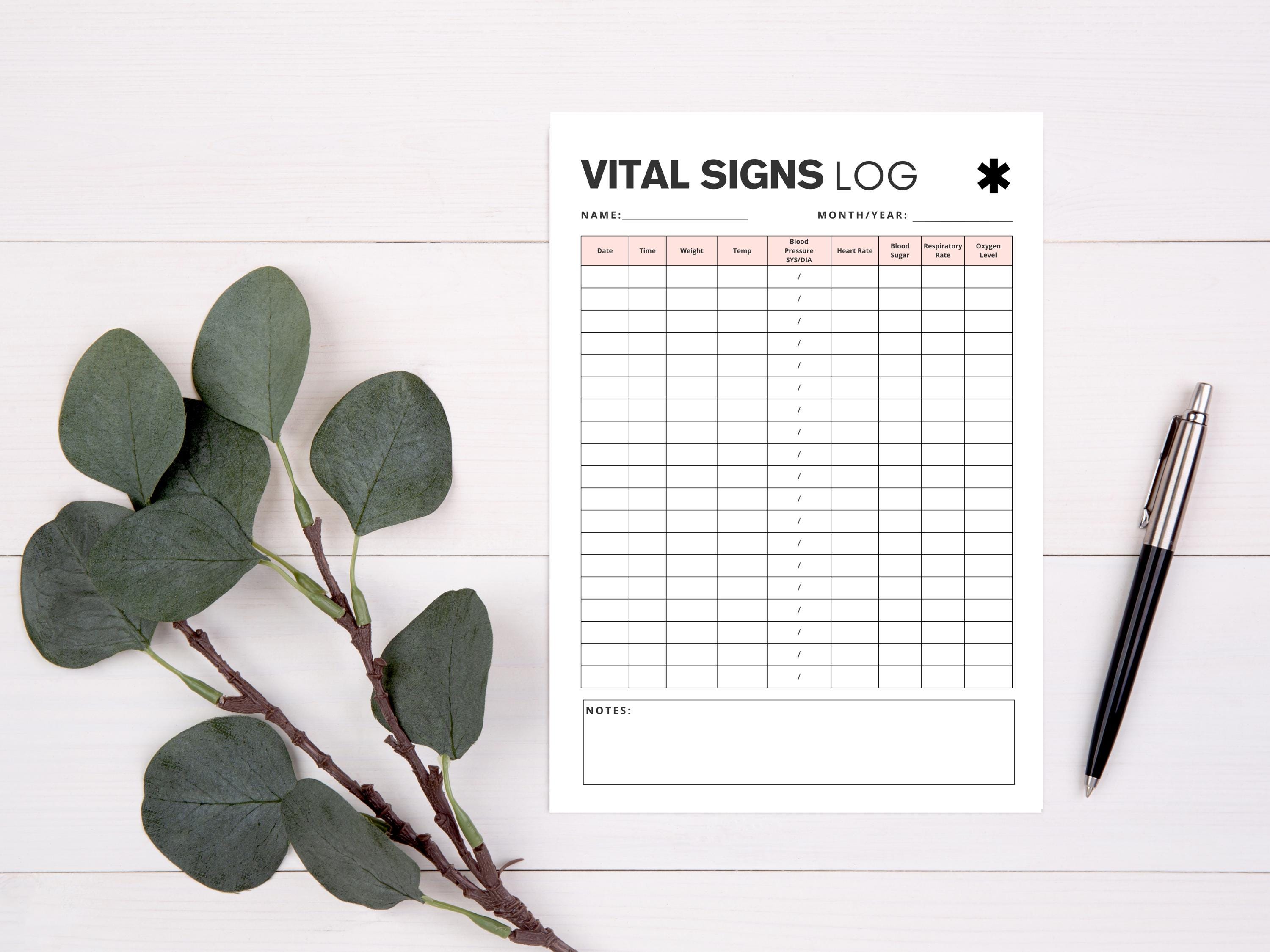 Sign Without Tracker Vital Signs Log. Printable Vital Sign Chart. Nursing Vitals Sheet ...
