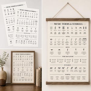 Three white posters with black musical terms and symbols are displayed, one hanging, one leaning, and one on a book.