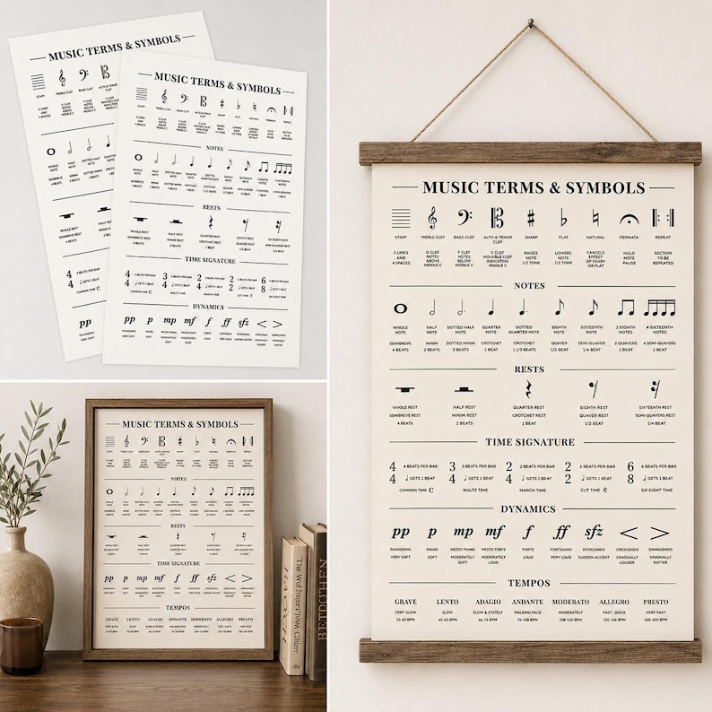 Three white posters with black musical terms and symbols are displayed, one hanging, one leaning, and one on a book.