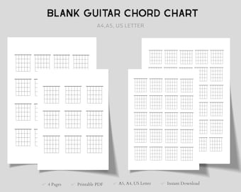Tabla de acordes de guitarra en blanco imprimible en PDF, hoja de práctica de guitarra, plantilla de diagrama de acordes, planificador de práctica musical, A4 A5 Carta estadounidense