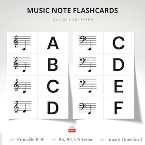 Peut inclure: Un ensemble de cartes mémo musicales imprimables avec du texte et des notations musicales noirs sur fond blanc. Les cartes affichent des clés de sol et de fa avec les lettres A à F. Le texte indique MUSIC NOTE FLASHCARDS, A4, A5, US LETTER, Printable PDF, Instant Download.