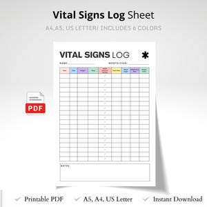 Vital Signs Log Sheet, Printable Health Tracker in 6 Color Variations