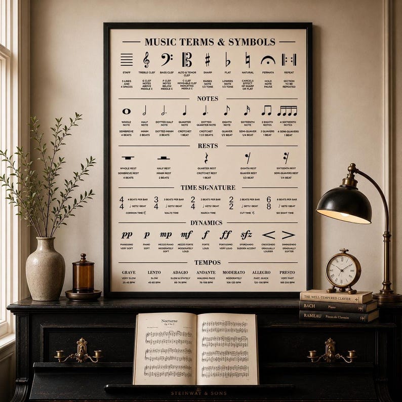 A black-framed poster with white musical terms and symbols stands on a black piano with sheet music.